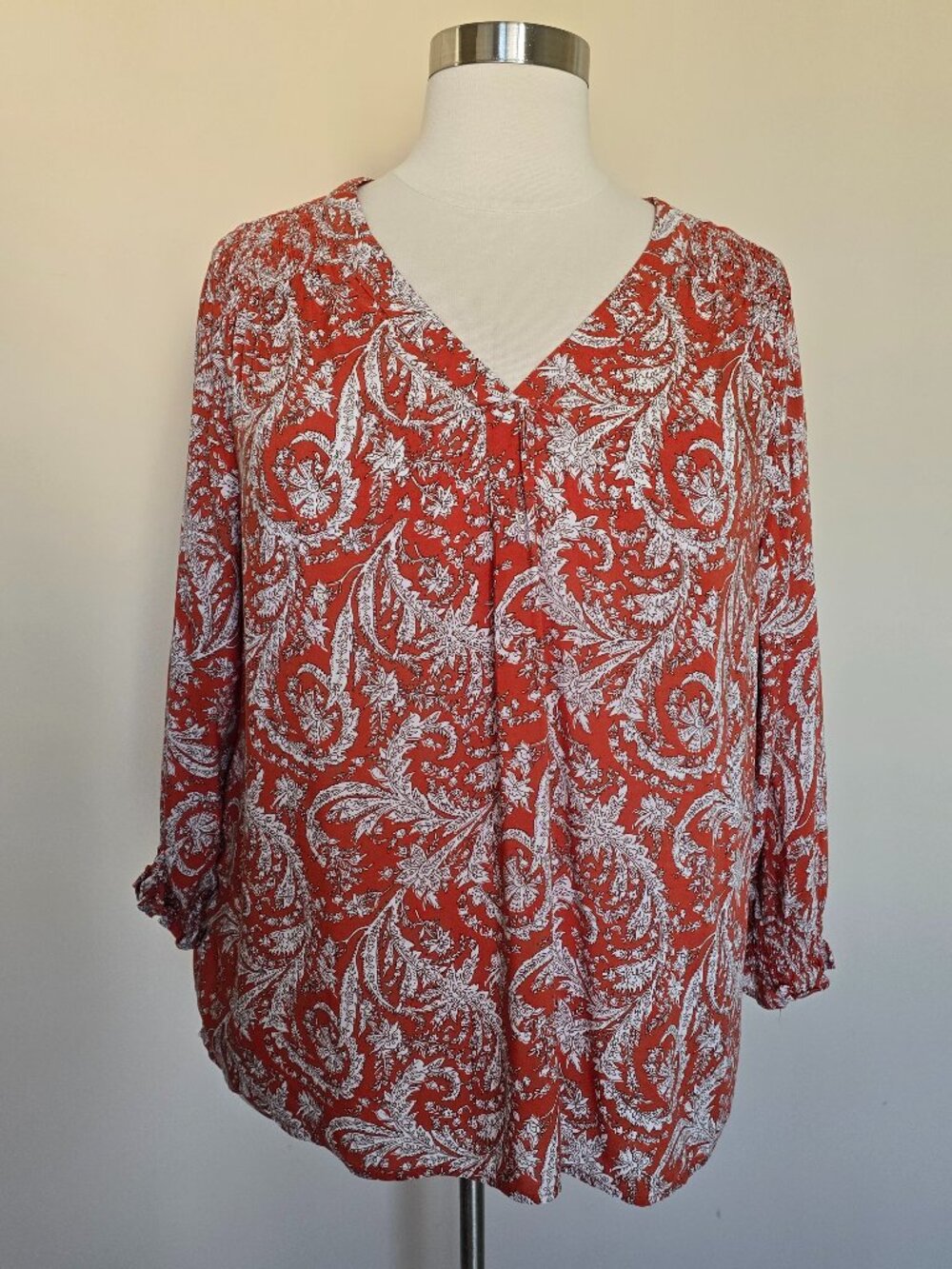 JNY Jones New York Size 2X Orange Paisley V-Neck 3/4 Sleeve Blouse Shirt Top NWT